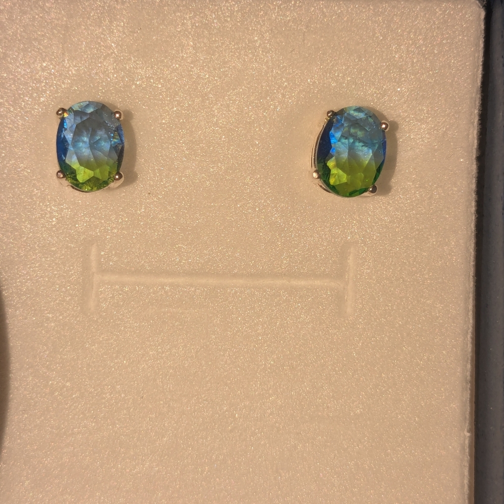Elegant Sterling Silver  Blue and Green Tourmaline  Stud Earrings